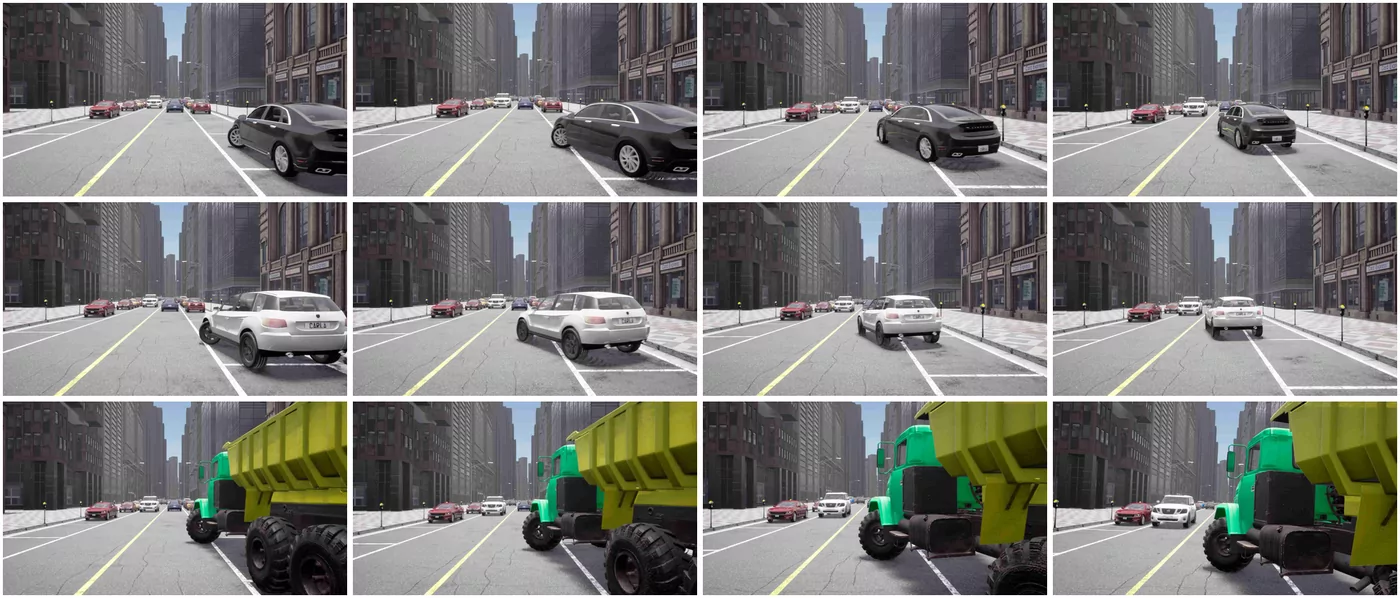 CARLA sequence comparing the same driving scenario with a reference sedan, an appearance-shifted SUV, and a geometry-shifted dump truck.